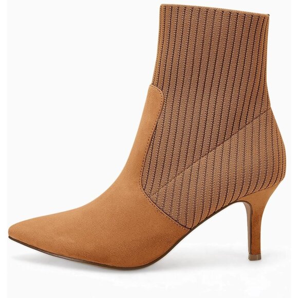 Women's Light Brown Pointed Toe Stiletto Kitten Heel Knit Faux Suede Ankle Boots - Picture 5 of 6